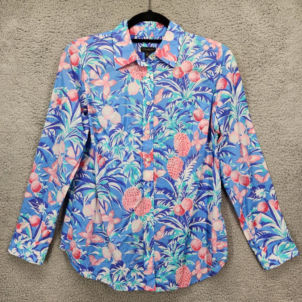 Talbots XS Button Down Shirt Blue Tropical Pineapple‎ Butterfly Print Cotton Top
